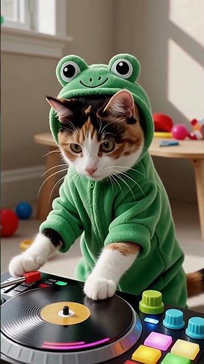 DJ Frog-Kitten Drops the Beat 🐸🎧😻 | Cat DJ Short #Shorts