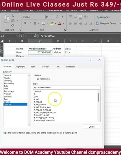 Excel me +91 Automatically Kaise Add Kare?