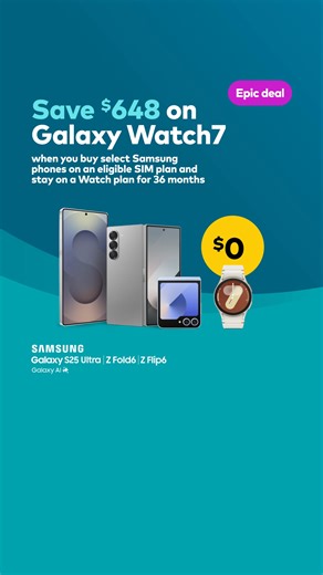 Epic deals are back. Save $648 on Galaxy Watch7 when you buy select Samsung phones on an eligible SIM plan and stay on a Watch plan for 36 months. Ends 25/05/25. 40mm variant. Discount forfeited if you cancel your Watch plan. T&Cs apply. | Optus | Facebook