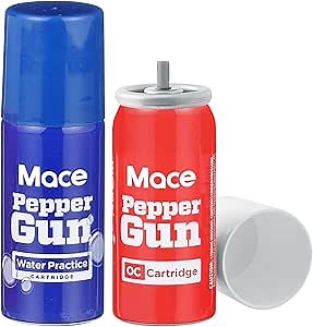 Mace Pepper Gun 2.0 with Pepper Spray & Water Training Cartridge Set, 20 Feet Range, Max Strength 10% OC Formula, Long Lasting UV Dye, LED Strobe, Self Defense Pepper Spray