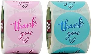 2 Inch Pink Thank You Stickers & 2 Inch Blue Thank You Stickers | Thank You Sticker Labels Roll | 1000 Gold Foil Thank You Stickers Small Business