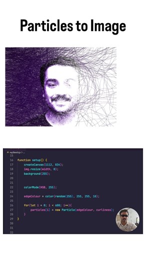 Creative Code ● Web Design ● AI on Instagram: "Source Code => Highlighted 👾 How a js programmer code as ninja and make an image with particles! Math meats JavaScript For more ==> @coding1dea #creativecoding #generativeai #javascript #Webdesign #Shayan_Taherkhani"