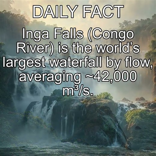 Inga Falls (Congo River) is the world’s largest waterfall by flow, averaging ~42,000 m³/s.