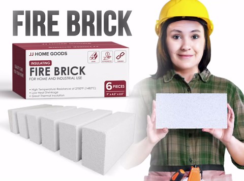 JJ Home Goods Insulating Fire Brick (Pack of 6) - 2700°F Rated Fire Bricks for Wood Stove, Forge, Pizza Oven, Fireplace – 9 x 4.5 x 2.5 inch per Refractory FireBrick Block