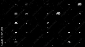 Template animation of evenly spaced elephant symbols of different sizes and opacity. Animation of transparency and size. Seamless looped 4k animation on black background with stars