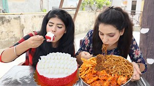 1.4M views · 10K reactions | Red Velvet cake and Spicy Momos, Chow Mein, French Fries Eating Challenge | Spicy Vs Sweet Challenge | Food Challenge | Ding Dong Girls | Facebook