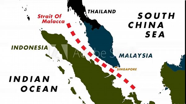 4K Map Animation Of Strait Of Malacca Showing Forward Moving Red Dotted Line Route Across Indonesia And Malaysia With Labeled Seas And Countries