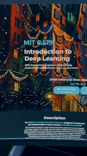 Muhammad Ahsan Ayaz on Instagram: "One of the best courses of deep learning to starting in 2026 right from one of the best universities out there, MIT. Sign up right now before the enrollment end. The classes are starting on Monday. Comment “ S191 “ to get the link in your DM! #FreeResource #MIT #DeepLearning #Programming #codewithahsan"