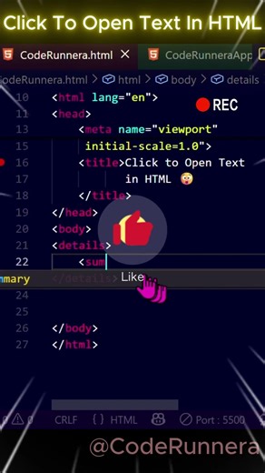 How to Create Click to Show Text in HTML😲 | Details & Summary Tag Explained 💻 | CodeRunnera #shorts
