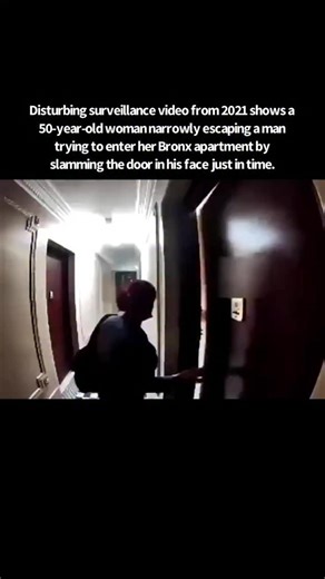 Theories & More 👁️ on Instagram: "Disturbing surveillance video from 2021 shows a 50-year-old woman narrowly escaping a man trying to enter her Bronx apartment by slamming the door in his face just in time."