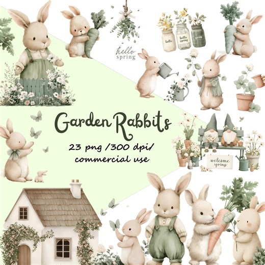 Vintage Watercolor Rabbit Clipart, Sage Bunny Cliparts, Spring Rabbits Png, Cottagecore Bunnies Graphics, Farm Pngs, Garden Illustrations - Etsy