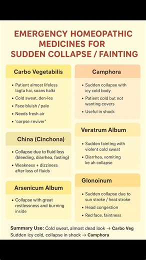 Emergency Homoeopathy for Sudden Collapse 👉 Sudden collapse means a person unexpectedly loses strength, falls, or becomes unconscious due to shock, fainting, accident, or acute illness. In such cases, homoeopathy offers quick-acting remedies when selected on symptom similarity. Key Remedies: Camphora – Sudden cold body, icy cold sweat, weak pulse. Carbo vegetabilis – Collapse with bluish face, gasping, wants fresh air, nearly lifeless. Arsenicum album – Restlessness, burning inside, sudden weak
