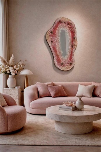 Rose Quartz Geode Mirror Wall Art | Asymmetrical Crystal Pyrite Decor - Etsy