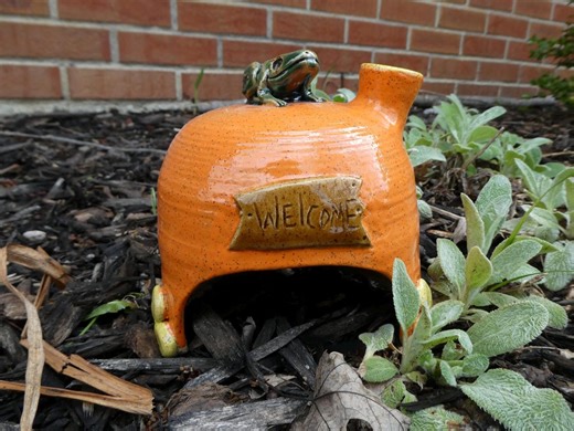 Toad House/toad Real Estate/garden Art/orange and Yellow With Green Frog/nature Inspired/yellow Creek Pottery - Etsy