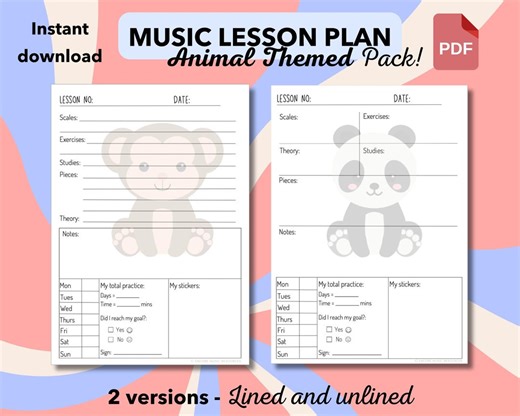 Music Lesson Plan - Animal Theme - Practice Sheet Student Musician Log Digital Download Printable Teacher Organiser Music Education - Etsy
