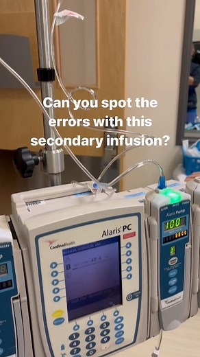 Something(s) not right here…. 👀🫣 ❌ Error #1: the secondary (small) bag should be hanging HIGHER than the primary (large) bag. The higher postition puts greater gravitational pull on the secondary bag, “piggybacking” it on top of the primary infusion. ❌ Error #2: the secondary line is clamped. Always double check that you’ve unclamped your secondary infusions before pressing start on the IV pump 👏 Did you catch both mistakes?? #nursingschool #studentnurse #futurenurse #ivpump #rn #registerednu