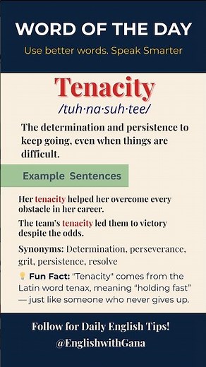 Word of the Day: Tenacity 💪 | Meaning & Example #shorts #englishwithgana #englishlearning