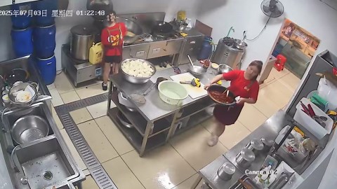 Waitress slips on oily kitchen floor sending bowl of soup crashing down