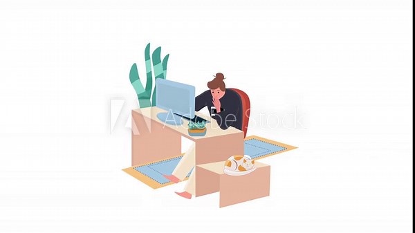 Cartoon man working on computer at home office made of moving boxes with cat nearby