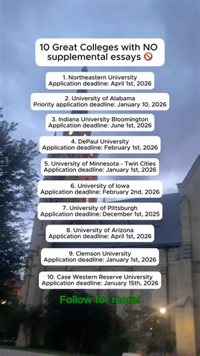 Kollegio AI on Instagram: "Applying to college doesn’t have to mean writing 10+ extra essays. These schools don’t require supplemental essays, which means: ✔️ Less burnout ✔️ Faster applications ✔️ More time to focus on grades, scholarships, or your main personal statement But here’s the catch: no supplements doesn't mean having no strategy. Admissions still care about fit, your activities, and how clearly your story comes through in the main application. Pro tip: Use these schools to balance yo