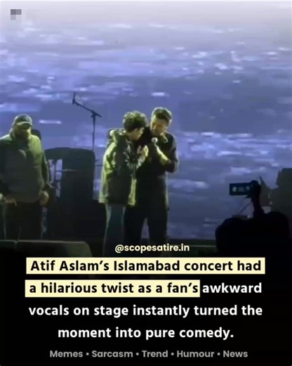 Scope Satire on Instagram: "Atif Aslam’s Islamabad concert delivered not just soulful music but an unforgettable humorous moment when a fan was invited on stage. What was meant to be a special fan interaction quickly turned into laughter as the fan’s awkward vocals caught everyone off guard. Instead of letting the moment turn uncomfortable, Atif handled it with grace and humor, instantly lightening the mood and winning hearts all over again. The audience burst into laughter, proving that live co