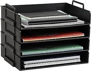 Mind Reader Stackable Paper Tray, Desktop Organizer, File Storage, Office, Plastic, 13.75" L x 10" W x 10.75" H, 4 Pcs., Black