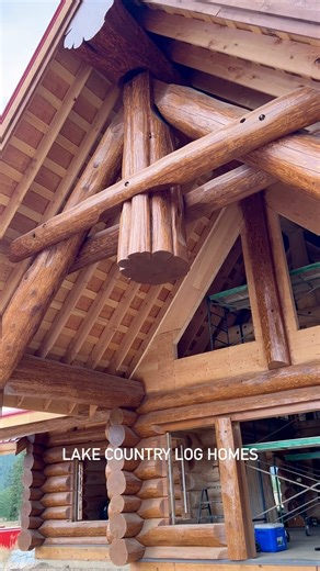 Lake Country Log Homes - LCLH on Instagram: "Construction at the home owners building site after we delivered and setup the Western Red Cedar Log Shell from a couple years back. The log home was crafted at our building facility then each log was labeled and loaded onto transport trailer for delivery. Prior to the home arriving the foundation and subfloor is in place so the logs can be set into place directly from the trailer. #loghome #logcabin #loghouse #buildingyourdreamfromnature #westernredc