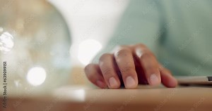 Finger, desk and tapping for anxiety during remote work for stress, problem or glitch. Closeup, working and hand of a person or entrepreneur with a nervous gesture on a table or beat to music