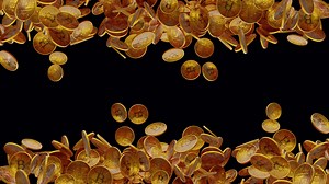 Golden bitcoin tokens growing loop in frame with alpha channel.