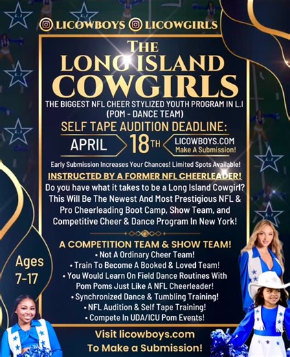 Long Island Cowgirls on Instagram: "New York’s Biggest Youth Pom Dance Team Is Coming Your Way in 2026! Instructed By A Former NFL Cheerleader! Make the first step of beginning your journey to becoming a D1 Pom Dancer & NFL Cheerleader one day! This Pom Dance Team will compete at competitions, learn on field synchronized dance routines to perform at sporting events just like NFL Cheerleaders, & learn essential skills to be prepared to audition for a NFL team when it’s time! Pom Dance is rarely t