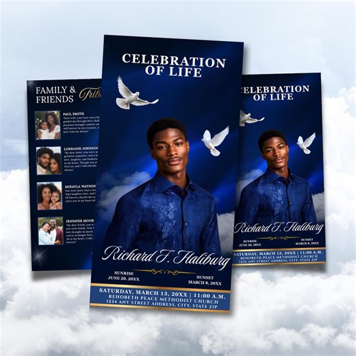 Blue Funeral Program Trifold Template, Celebration of Life (DIY Canva) - Etsy Canada