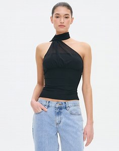 Mesh Scarf Halter Top in Black | Glassons