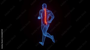 3D medical animation of a man experiencing back pain while jogging