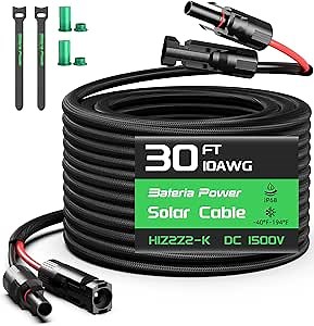10AWG 30FT Solar Panel Extension Cable, Flame Retardant Protective Sleeving,Bateria Power Twin Wire 10 Gauge Solar Cable with IP68 Female & Male Waterproof Connectors, Dust Caps for Home, RV