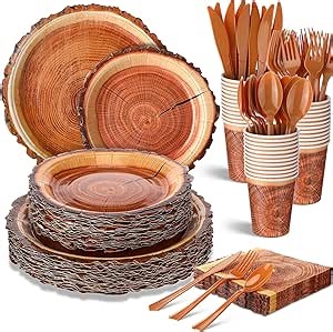 350 Pcs Camping Wood Grain Slice Tableware for 50 Guests Rustic Camo Hunter Plates Disposable Napkins Cups Plates Cutlery Hunting Plastic Knives Fork Spoon for Camping Party