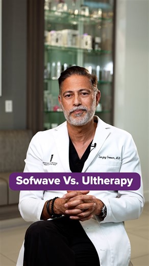 Sanjay Grover MD, FACS on Instagram: "What’s the difference between Sofwave and Ultherapy? Both are non-surgical ultrasound-based treatments for facial rejuvenation with minimal downtime, but they work at different depths. ▶︎ Sofwave targets the more superficial dermis (1.5 mm deep) using parallel beam technology, making it more comfortable with superficial tightening. ▶︎ Ultherapy penetrates deeper (up to 4 mm deep) to reach the SMAS layer for a lifting effect, but it can be more uncomfortable 