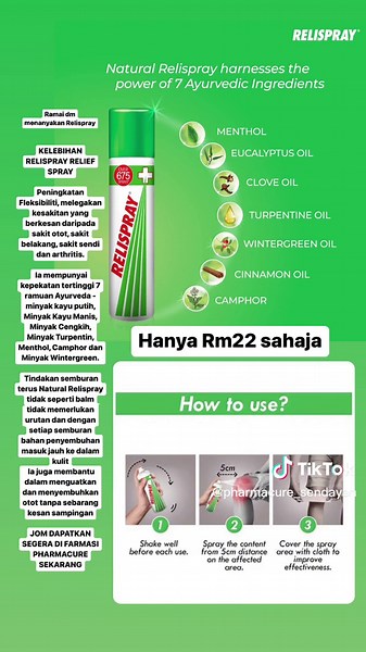 RELIS SPRAY - Melegakan sakit dengan cepat - Sakit leher , sakit siku , masalah terseliuh , sakit pinggang, sakit badan ,arthritis Penggunaan Hanya sembur pada kawasan yang mengalami sakit otot untuk melegakan #relispray #fyp #fypシ