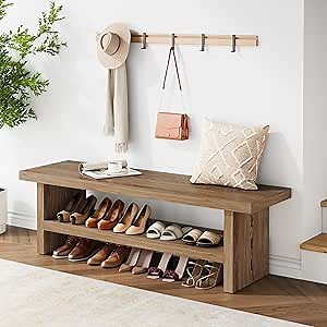 2 Tier Entryway Bench, 47.24" Shoe Bench, Rustic Shoe Rack, Wooden Storage Bench for Entryway Hallway Living Room Bedroom, Easy Assembly, Oak Color