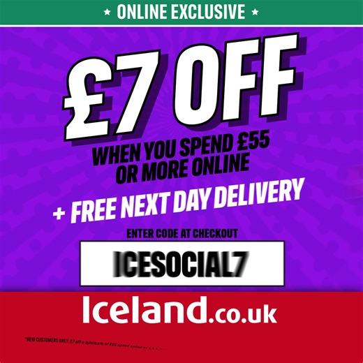 Get £7 off your first online shop! Simply spend £55 or more and use code: ICESOCIAL7 Delivered today or for FREE tomorrow! 😍🛒 | Iceland Foods