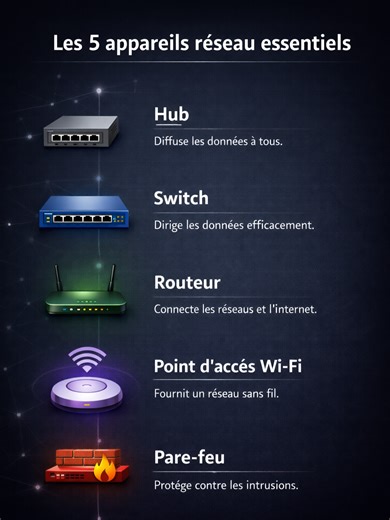 Les 5 appareils réseau que tout informaticien doit connaître Dans un réseau informatique, chaque appareil a un rôle précis. Le Hub diffuse à tout le monde sans distinction, aujourd'hui quasiment abandonné. Le Switch envoie uniquement à l'appareil concerné. Le Routeur relie ton réseau local à Internet. Le Point d'accès Wi-Fi étend ton réseau sans fil. Et le Pare-feu analyse et filtre chaque paquet qui entre et qui sort. #Réseau #Switch #Routeur #Firewall #WoleuSchool #Tech #Informatique