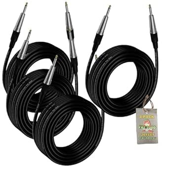 Fat Toad 20ft Guitar Cables (ShieldedPRO X Series) 4-Pack – 1/4" Straight-End Instrument Cords with 24 AWG Wire for Bass, Amps, DJ, Studio & Keyboard Use