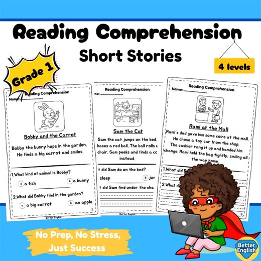 Reading Comprehension Stories for Grade 1 – 4 Levels, 40 Passages