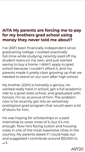 AITA My parents are forcing me to pay for my brothers grad 🦈 school using money they never told me about? 🦍 | Aita Stories