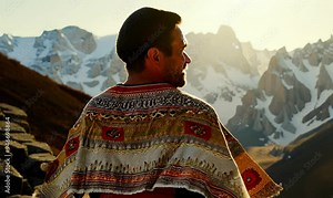 Over-the-Shoulder View of Peruvian Man in Traditional Clothing Admiring the Andes