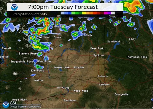4.9K views · 108 reactions | Good morning Inland Northwest! Here is one model forecast of thunderstorm activity today (Tuesday). The Cascades up through the Okanogan Valley and Highlands is where the highest focus of showers and thunderstorms is expected. Local heavy rain, small hail, and gusty winds are expected with storms. On Wednesday the chance of thunderstorms will expand to include most of the region. | US National Weather Service Spokane Washington | Facebook