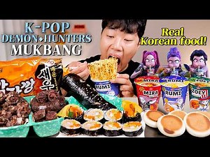 K‑POP Demon Hunters IRL Food Challenge – Real Korean Mukbang ASMR with HuntRix Ramen, Gimbap, Sundae
