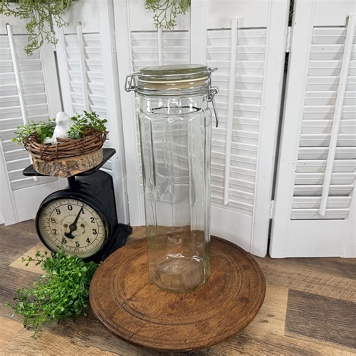Clear Vintage Glass Jar Container With Silver Latch Lid, Ribbed Glass Tall Pasta Container - Etsy