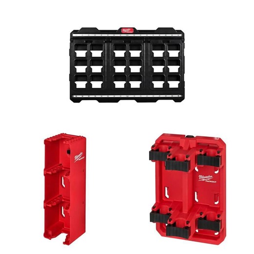 Milwaukee 20 in. x 30.75 in. Black Wall Plate, PACKOUT M18 Battery Rack, and Long Handle Tool Rack Combo - The Home Depot