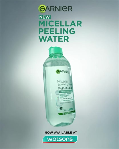 Discover Garnier Micellar Peeling Water — your all-in-one solution to cleanse, remove makeup, and gently exfoliate. With 1% PHA AHA, it renews your skin surface, reduces visible pores, and improves smoothness. Now available at Watsons near you 🛍️ #GarnierSingapore #GarnierSG #MicellarPeelingWater #MakeUpRemover #Exfoliator #watsons | Garnier