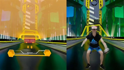 《Oh shape VR》VR音乐运动健身应用，根据人墙上的人物造型，做出相应的动作，下蹲，躲避障碍墙，获取金币. #Ohshape #VR运动 #VR健身
